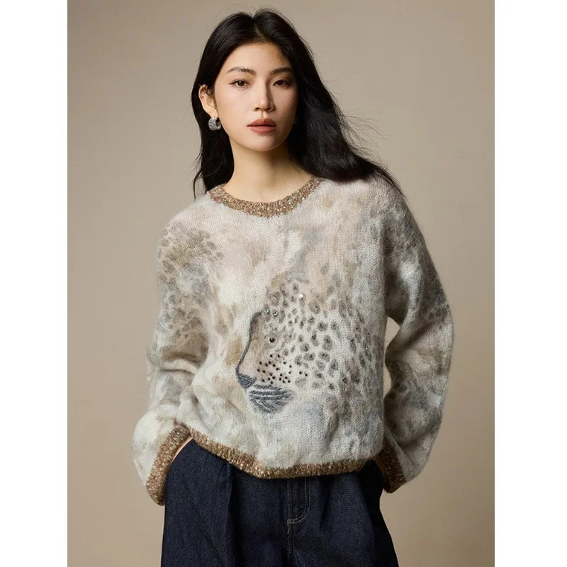 

Винтажный леопардовый мохеровый свитер, осенне-зимние женские шерстяные пуловеры с бисером, трикотаж с мультяшным узором