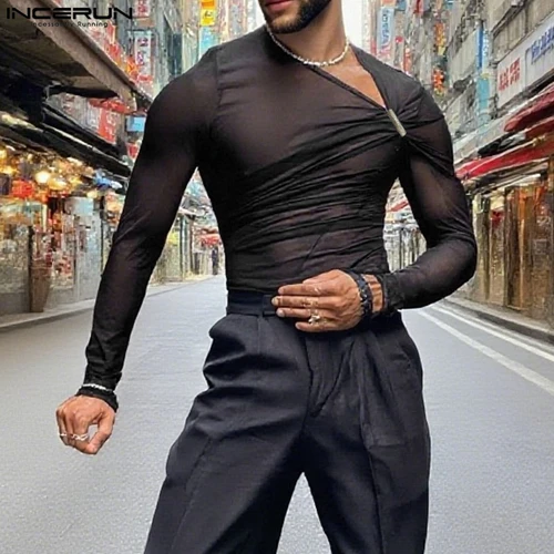Imagen 2 del producto INCERUN, camiseta para hombre de malla transparente con cuello en V, camisetas sexis de manga larga para hombre, ropa de calle plisada, ropa informal de moda para hombre 2025