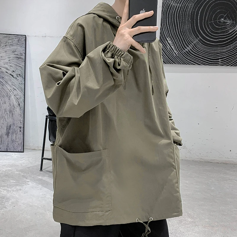 Trendy Hoodie T-Shirt Men's Thin Pure Color Loose Fit Autumn Casual Wear Youth Fashion Street Style Functional Outerwear