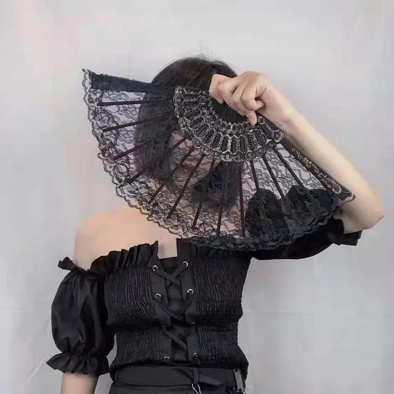 Lace Folding Hand Fan With Tassel Vintage Hollow Handheld Fan Lightweight Elegant Fan For Lolita Wedding Cosplay Photo Props