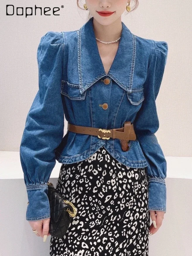 

Puff Sleeves Short Denim Jackets for Women Turn Down Collar Single Breasted Slim Temperament Cropped Coats Korean Fashion