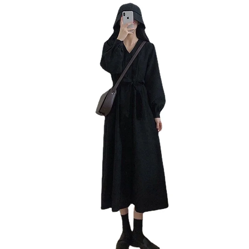 قميص فستان نسائي 2025 أوائل الخريف جديد مزاجه فرنسي ريترو تنورة طويلة تنورة الخصر