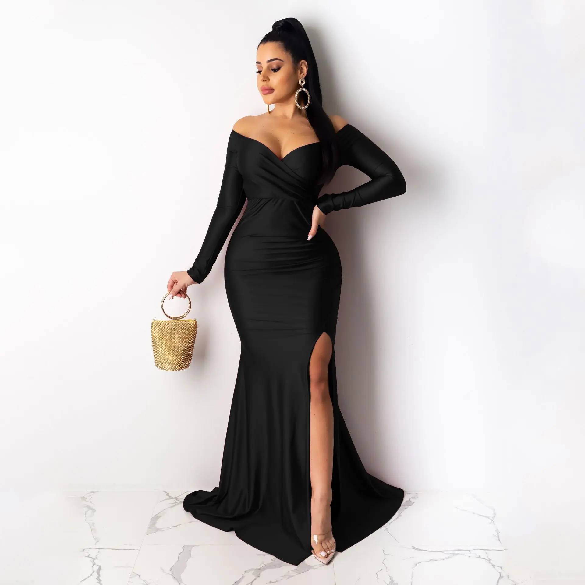 Women Dresses V Neck Long Sleeve Pullover Party Dress Solid Color Vestidos Slim Fit Sexy Backless Chest Wrapping Straps