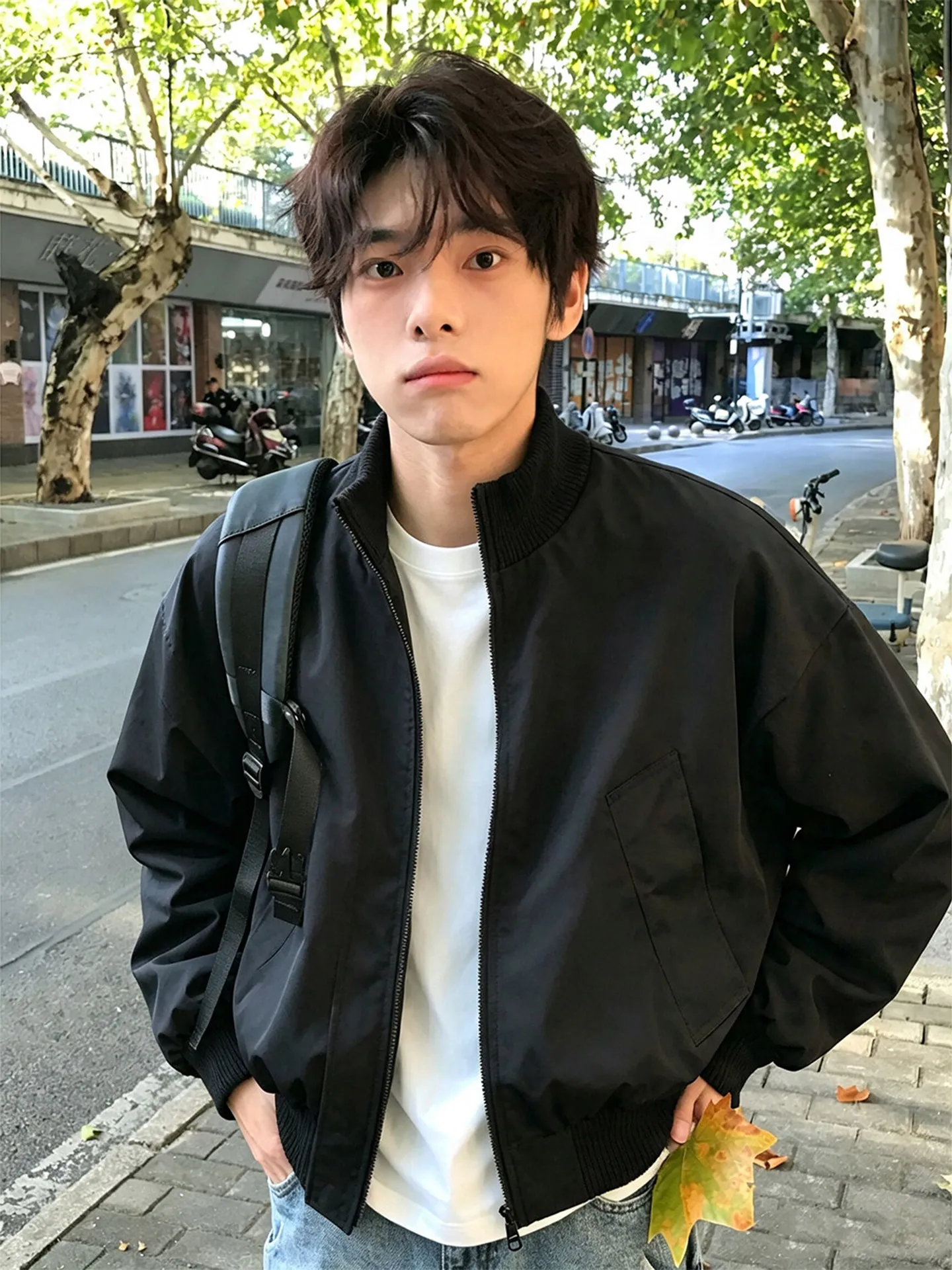 Short Flight Jacket Men's Autumn Fashion American Retro Silhouette Coat Stand Collar Baseball Uniform Blue Color Block Jacket
