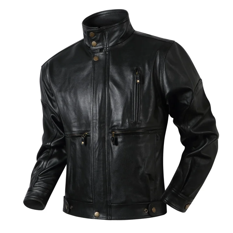 

Мужская куртка-байкер из натуральной кожи (верхний слой, растительное дубление), без покрытия, с воротником-стойкой, повседневная...