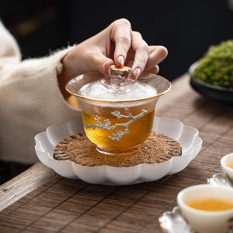 Glass Lotus Pot Bearing Transparent Pattern Bamboo Tea Tray All-Match Tureen Teapot Tray Modern Simple Fruit Plate Tea Cake Tray