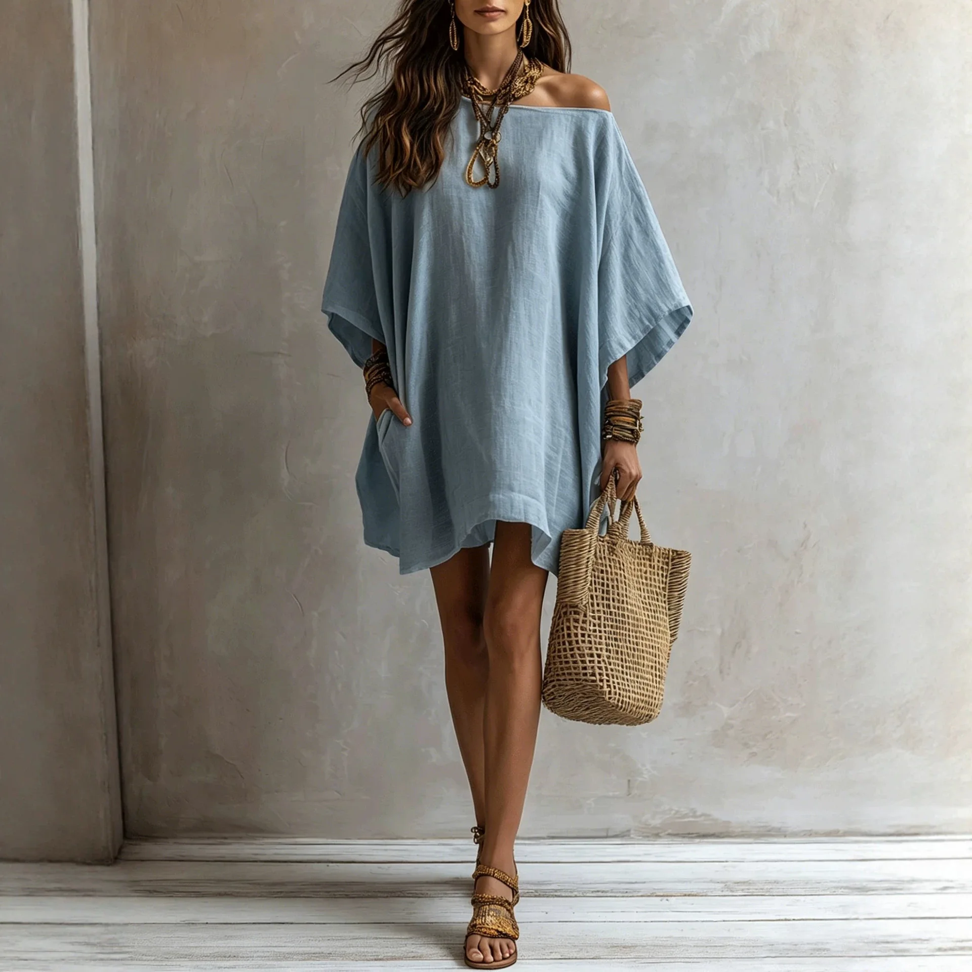 

Women's Cotton Linen Dress Loose Batwing Sleeve Pockets Midi Dresses Spring Summer Vacation Overall Jumpsuit Playsuit