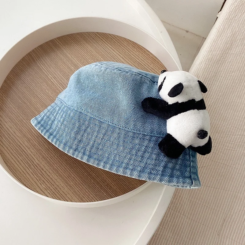 Cartoon Panda Decoration Camping Baby Bucket Cap for kids 6M-4Y Vintage Cotton Washed Denim Fisherman Hat Casual Outing Sun Cap