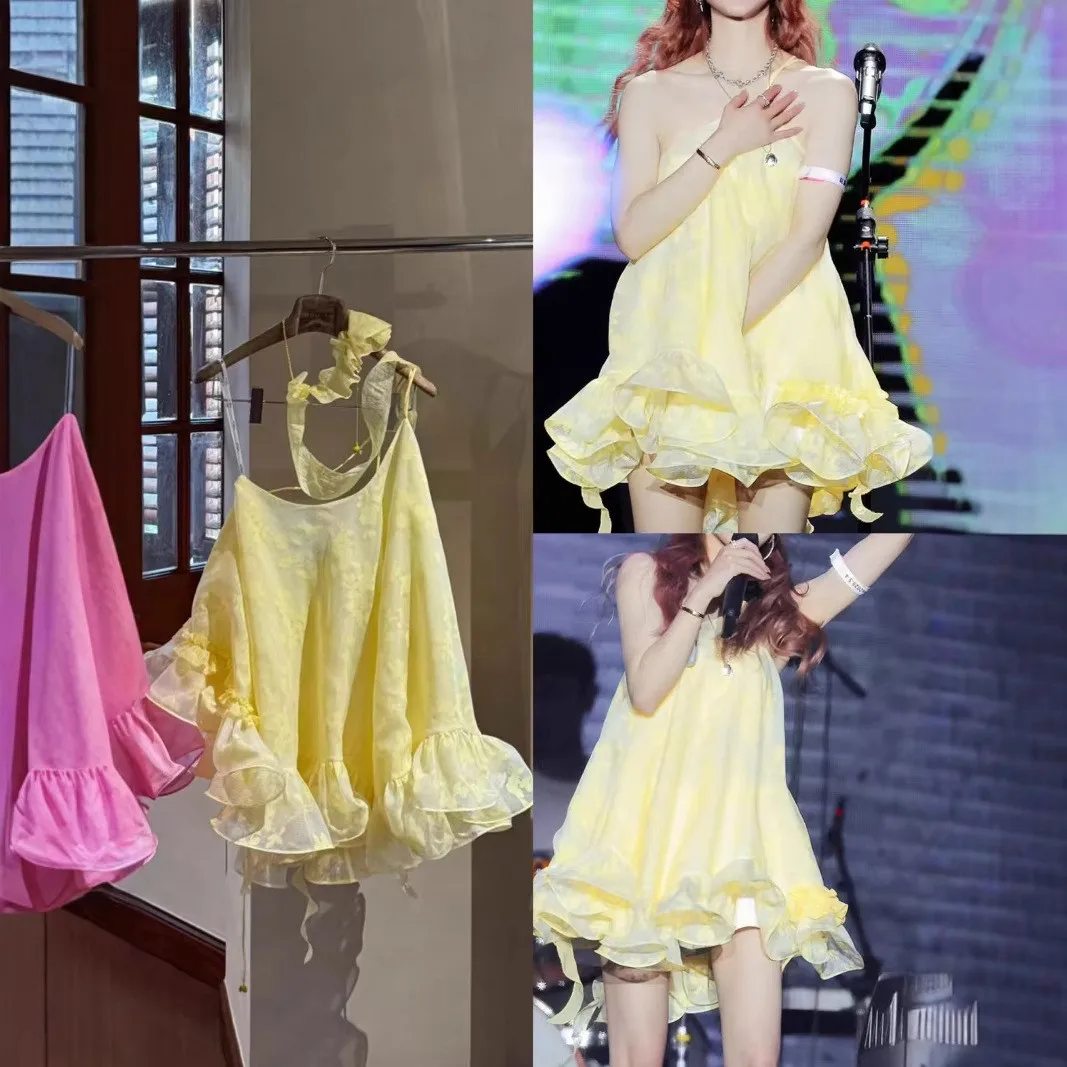 

Zhaolu Желтый цветочный принт Асимметричный плечевой ремень Dr ort Сказочная юбка с высокой талией Svel Sweet Sle Женское платье