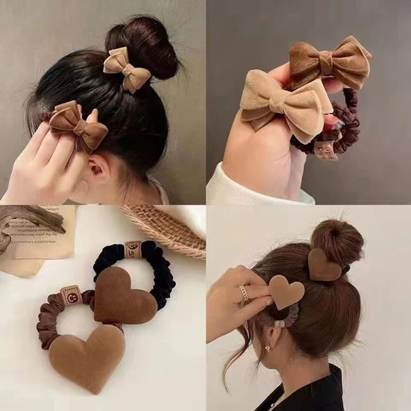 Cute Bow Knot Heart Scrunchies Hair Tie Solid Color Plush Hair Bands Women Girls High Elastic Rubber Ponytail Holder Accesories