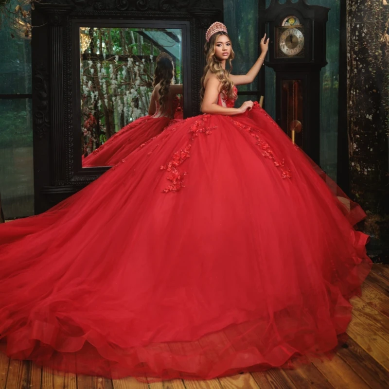 赤い光沢のあるキンセアニェーラドレス、オフショルダー、アップリケフラワー、ビーズ、クリスタル、チュール、パーティー、誕生日、スイート16ドレス、ベスティドス15デ