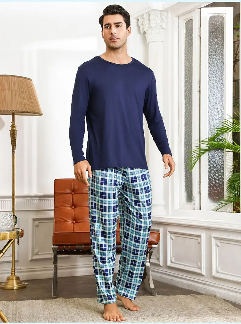 

Men's Winter Pajama Set Long-Sleeve Top And Plaid Print Bottom Pajamas Set Super-Soft Sleepwear Loungewear