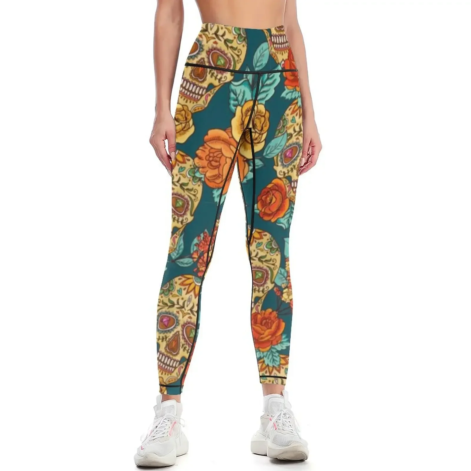 Roses Skull Seamless Pattern Floral Leggings push up fitness sport pants sport legging Training pants Womens Leggings