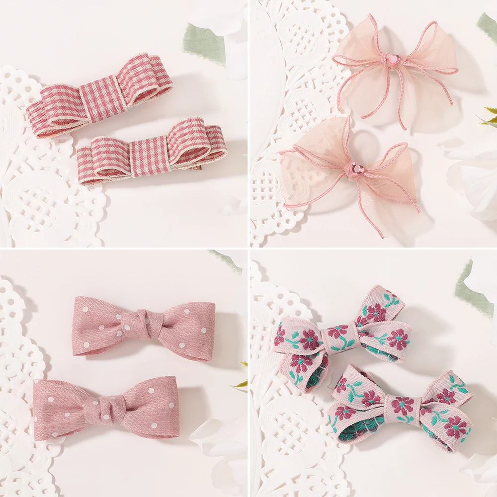 

2pcs/set Pastel Pink Lace Bowknot Striped Plaid Hair Clips for Women Girl Sweet Flower Half Clip Side Hairpin Heart School Style