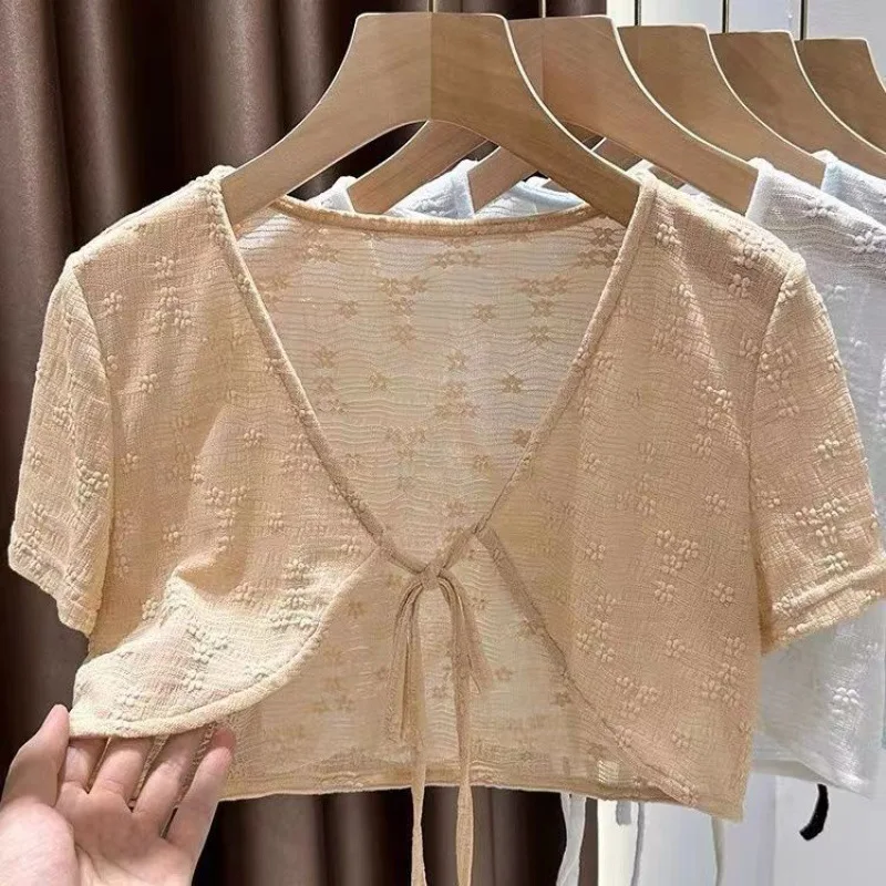 1pcs Summer Tie Up Cardigan Women Sexy Thin Short Sleeve Lace Coat Female Cardigan Paired With Camisole Long Skirt Lady Shawl image 6