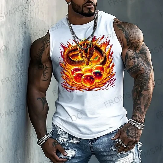 Męska koszulka bez rękawów Dragon Ball Anime, streetwear, letni nadruk graficzny, casualowa kamizelka do ćwiczeń, popularny styl.