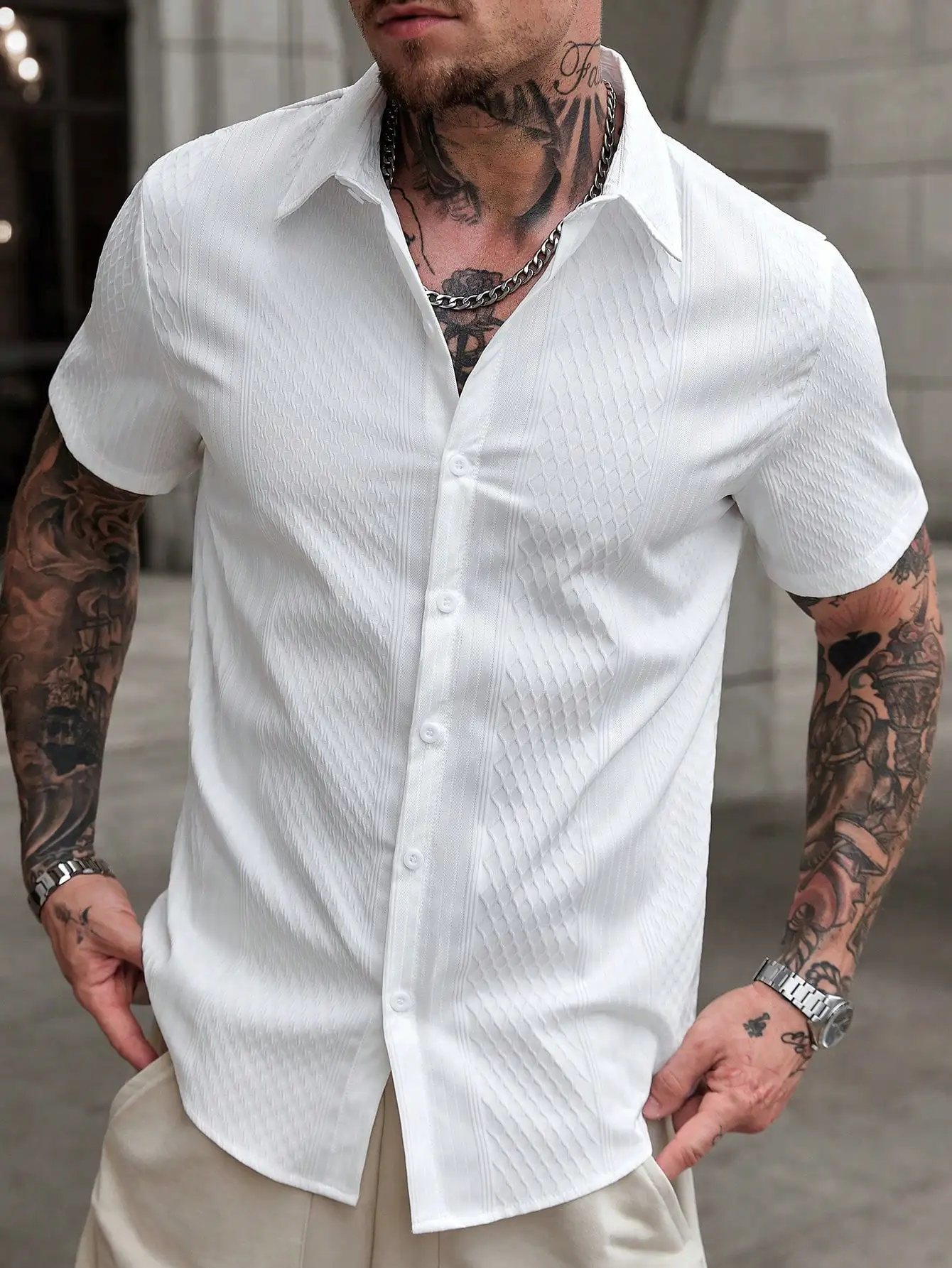 

Men's White Textured Short Sleeve Button-Down Shirt, Slim Fit, Casual Office Wear
