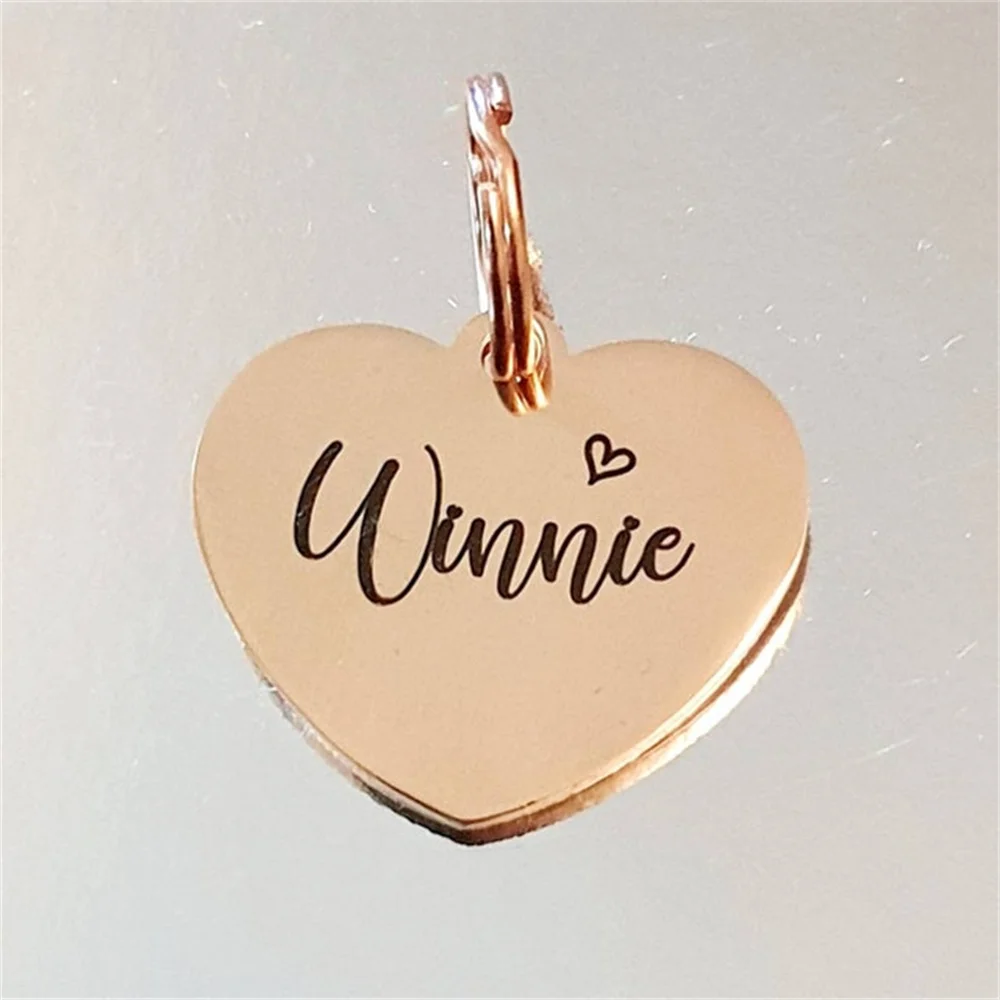 Diseño de corazón, mariposa, oro rosa, corazón de acero inoxidable, etiqueta de identificación de mascota, etiqueta de perro y gato grabada con láser, varios colores y fuentes