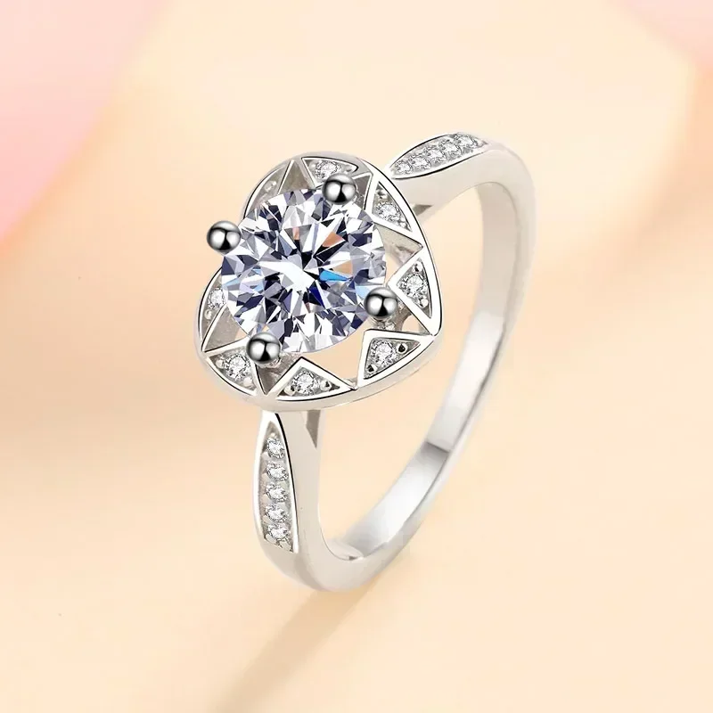 Luxury Women's Platinum Pt950 Star Wish Diamond Rings, 1 Carat Moissanite Heart-shaped Ring for Lover Wedding Fine Jewelry Gift