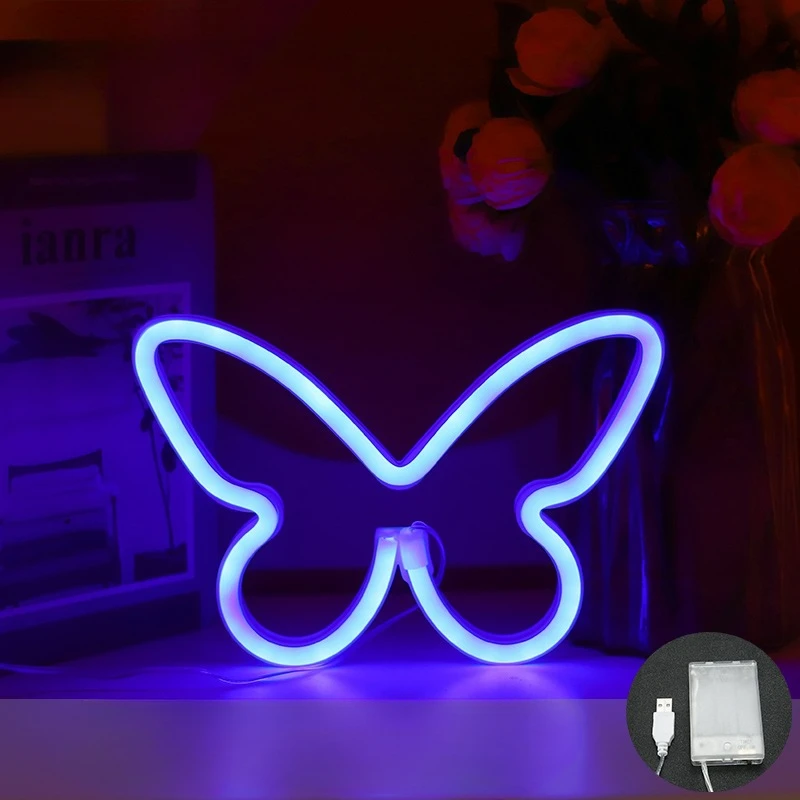 Vlinder Neon Sign USB / Batterijaangedreven LED Neonlicht voor Kerstmis Thuis Slaapkamer Verjaardagsfeestje Kamerdecoratie Nachtlampje