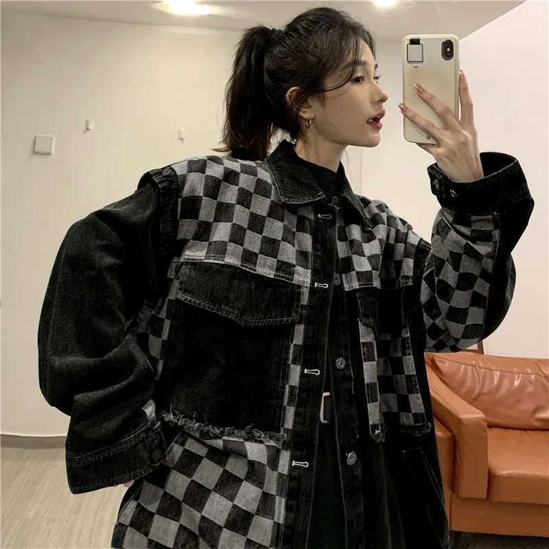 Deeptown Denim Jacket Women Oversized Korean Fashion Streetwear Black Vintage Plaid Jeans Jackets Chic Elegant Gothic Loose Coat