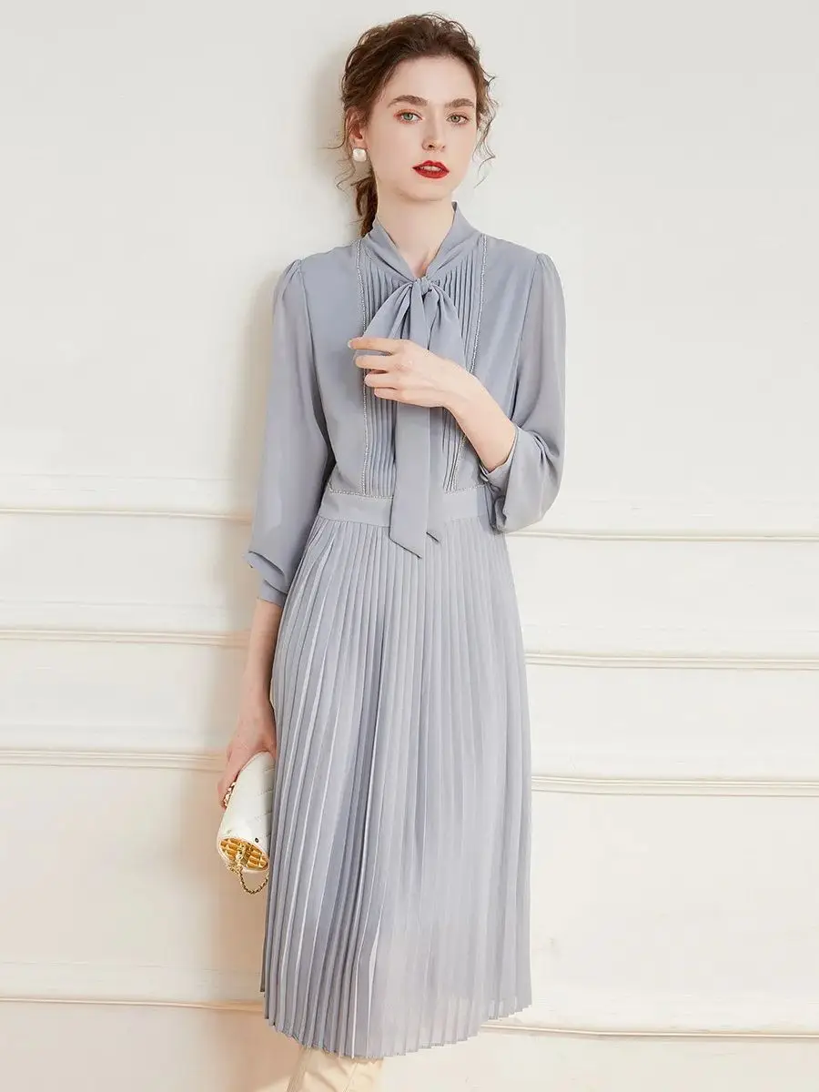 LOUIS YAO Women Dress 2024 Spring / Summer Dress Elegant Ribbon Pleated Long Dress Casual Long Sleeve V-Neck Knee-length Dress