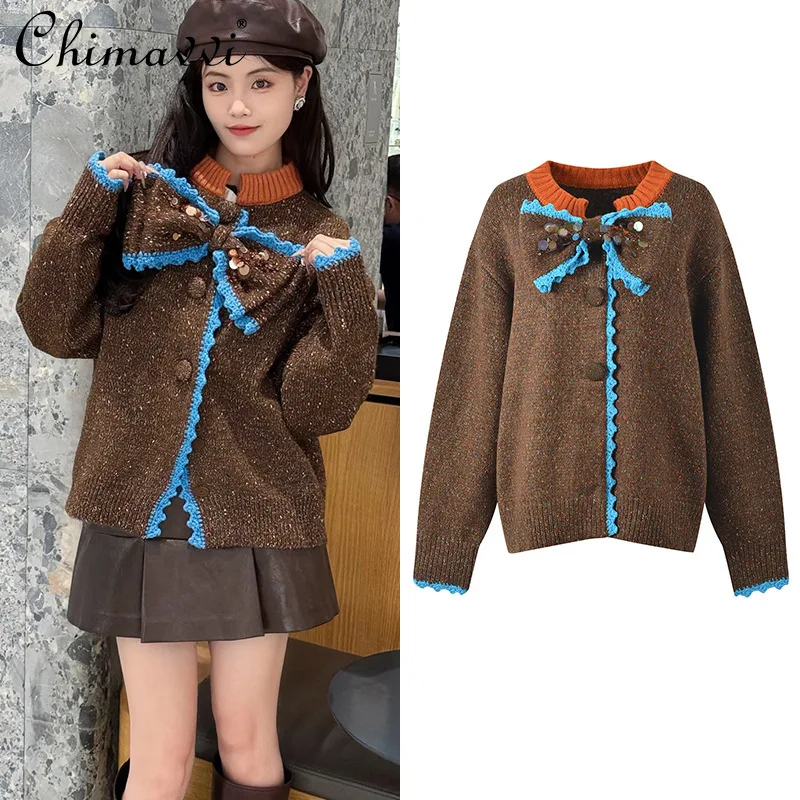 

Французские элегантные модные однобортные свободные повседневные вязаные кардиганы с круглым вырезом и бантом и длинными рукавами для женщин, осень