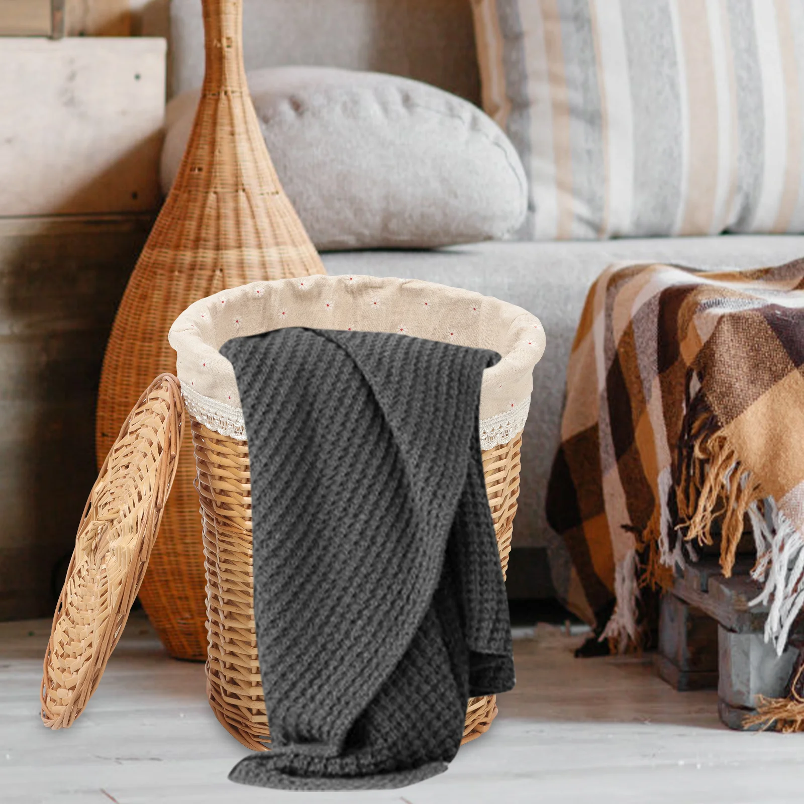 

Handmade Woven Laundry Basket Multi-Functional Large Capacity Storage Container with Lid Suitable for Home Hotel Use