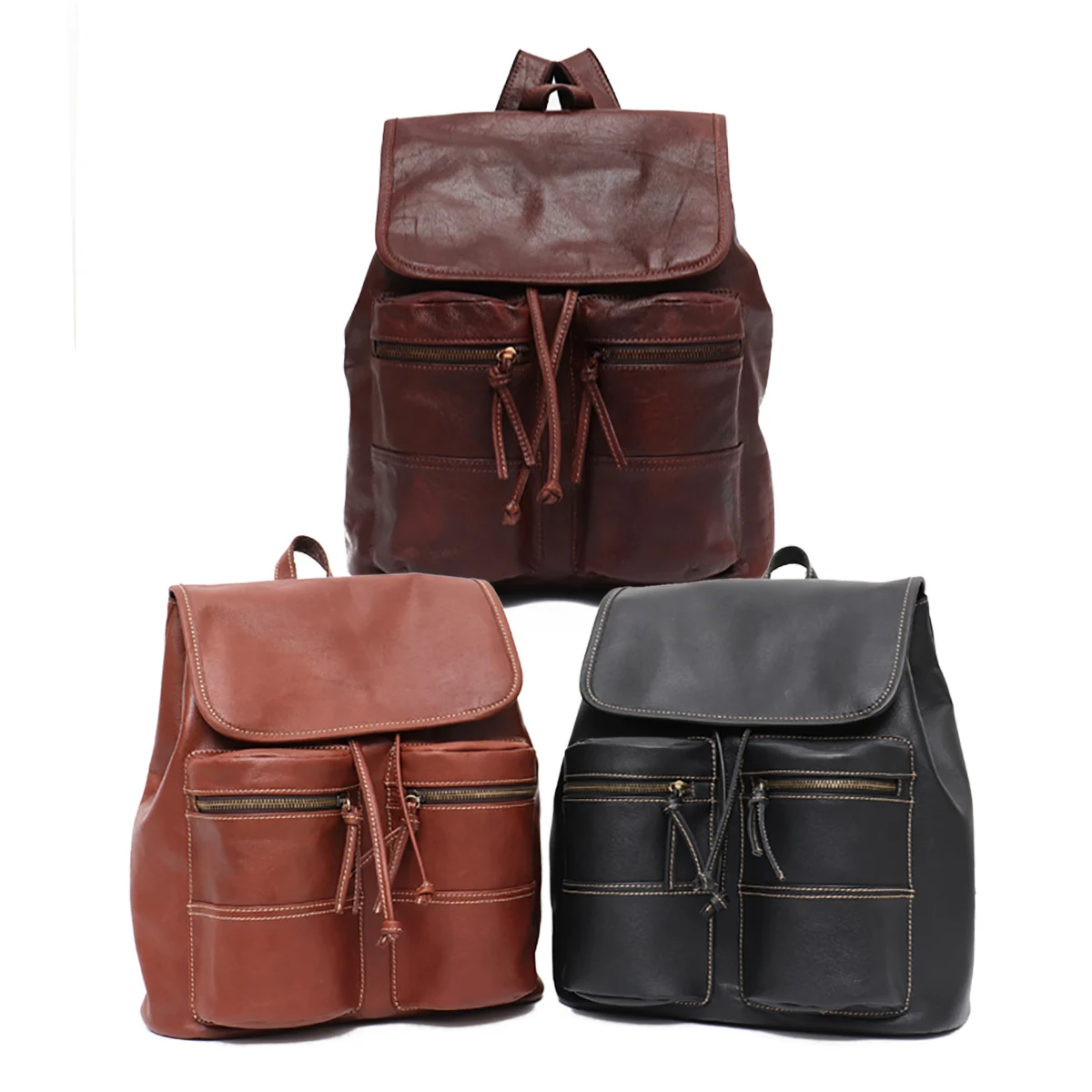 Luxury Genuine Leather Unisex Retro Backpack Large Capacity Multi pockets Flap Drawstring Shoulder Bag Laptop A4 Travel Business