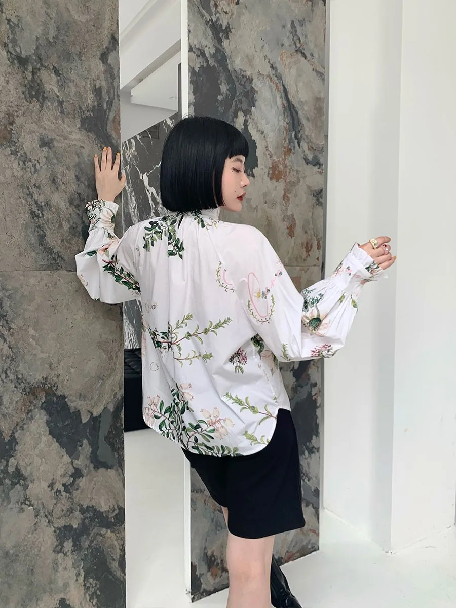 CHEERART Fall 2022 Vintage Fashion Lantern Sleeve Plant Floral Shirt For Women White Long Sleeve Top Designer Blouse Clothing