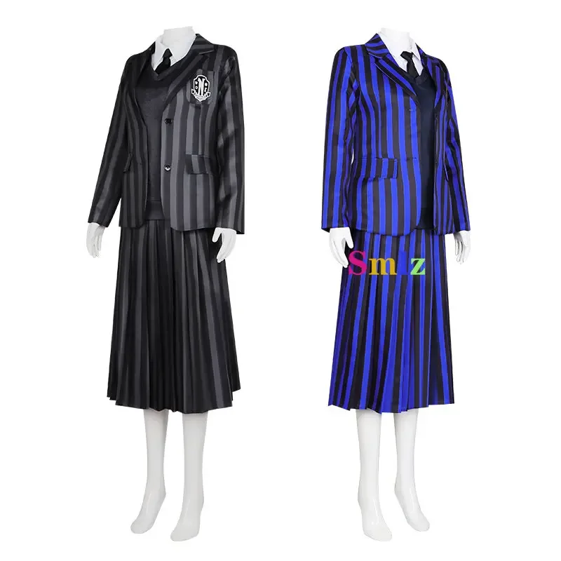 2025 New2 colores Anime Addams azul miércoles disfraz Cosplay chica escuela uniformes negros traje vestido mujer ropa de fiesta de Halloween AA