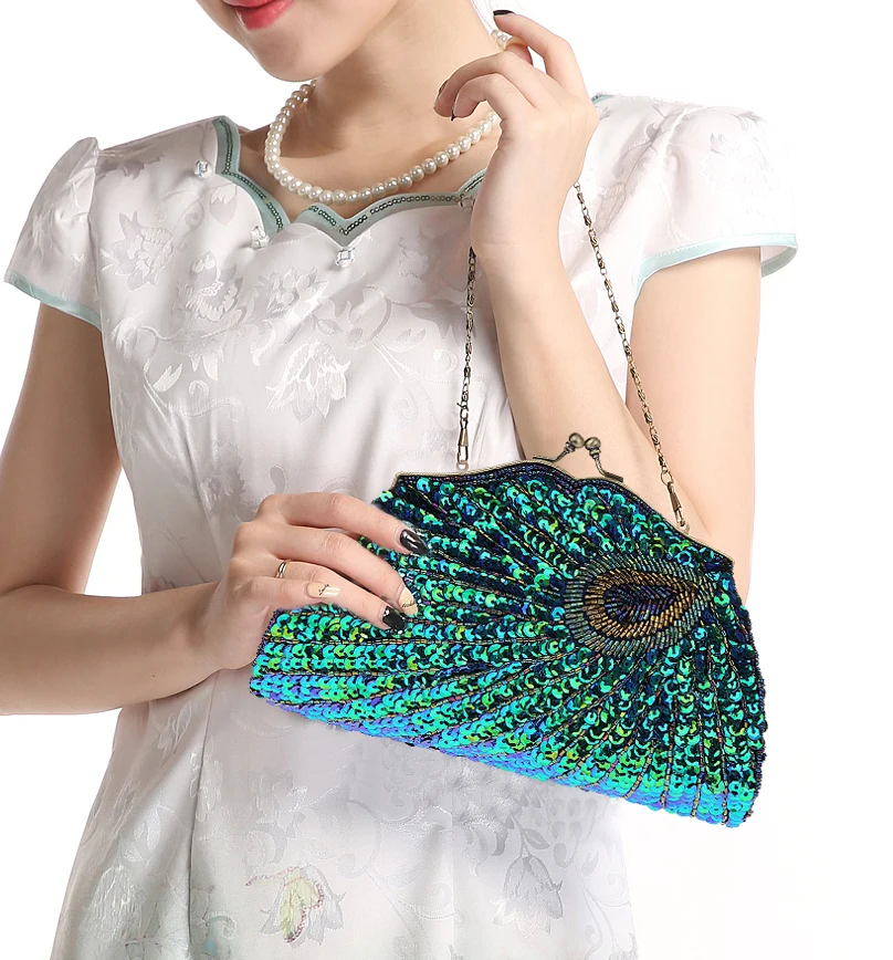 2024 New Retro Beaded Sequined Women Evening Bags Peacock Cheongsam Luxury Designer Handbags Clutch Purses Crossbody Handbags