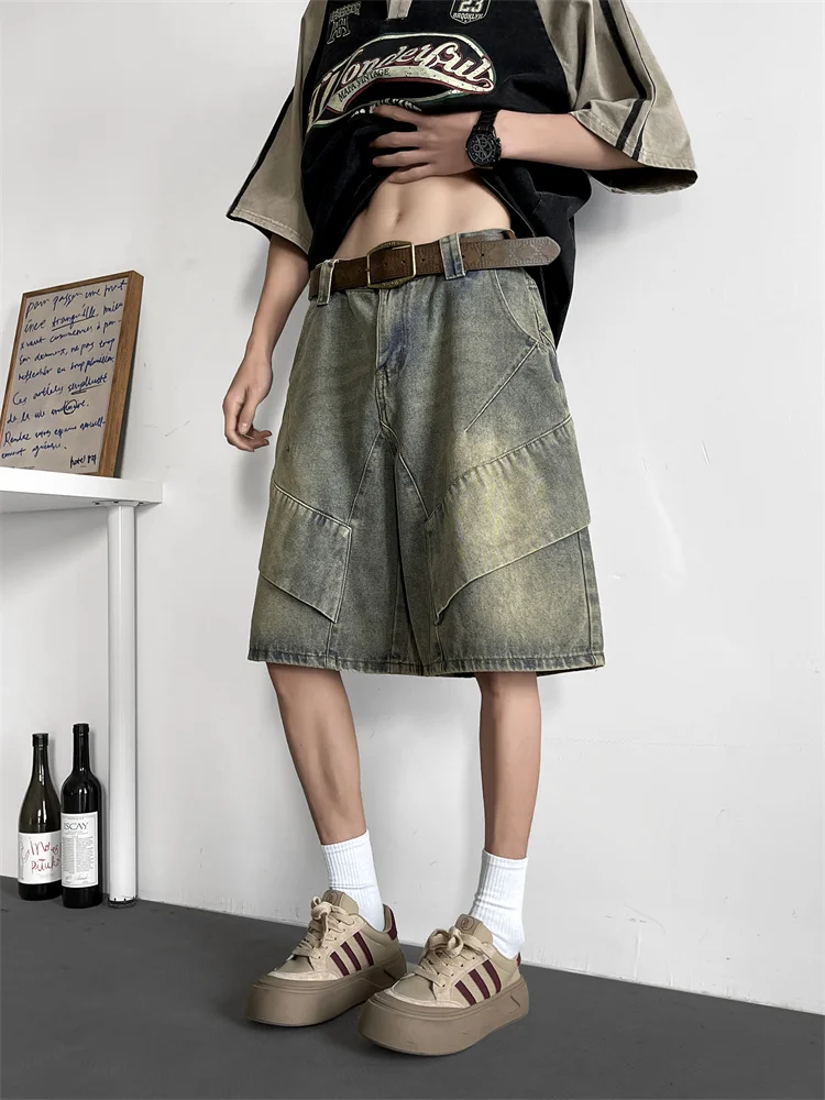 

Retro Waed American Street Sle Men's Jeans orts Casual Five-Point Loose Straight Cut Summer Faion Youth Culture