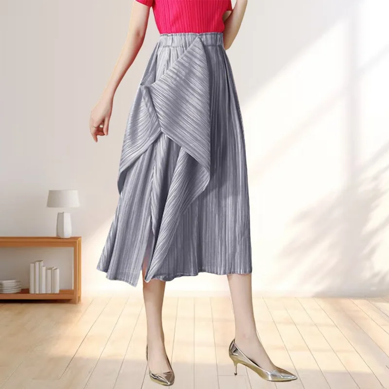 

Miyake Pleated Large Hem Side Single Side Split Half Skirt Women's Simple Casual Loose Large Elastic Suitable Office Commuting