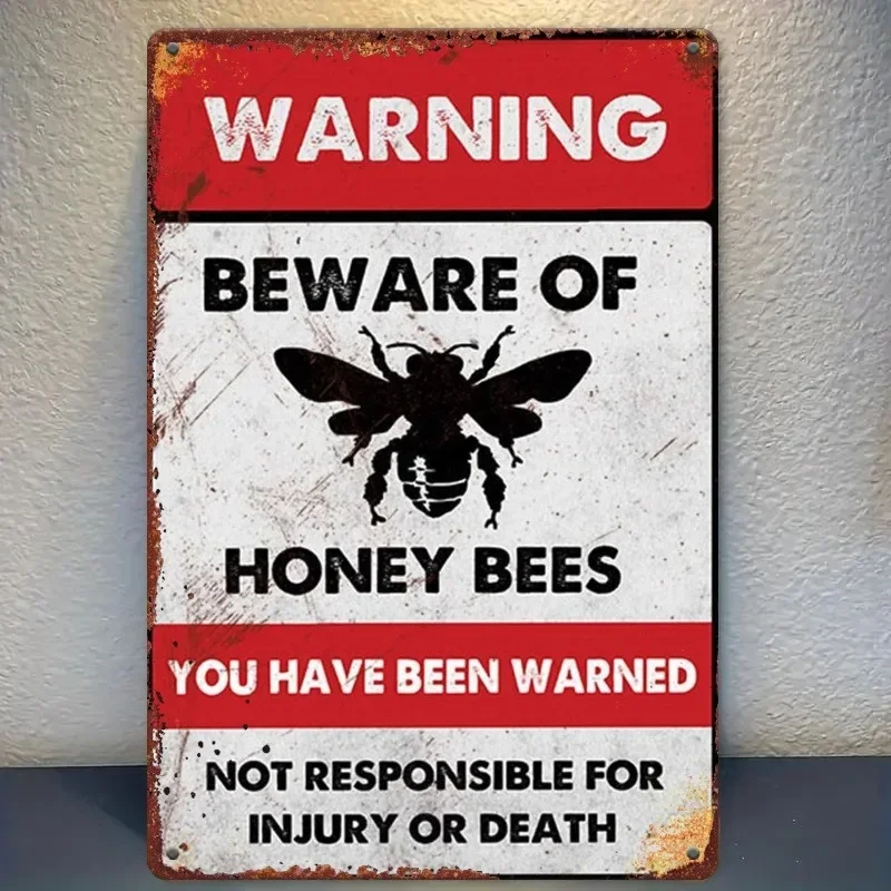 （2D Tin painting）2D 1pc Rustic Beware of Bees Warning Sign Metal Wall Art, 20x30 cm Frameless Decor, Humorous Farmhouse Sign