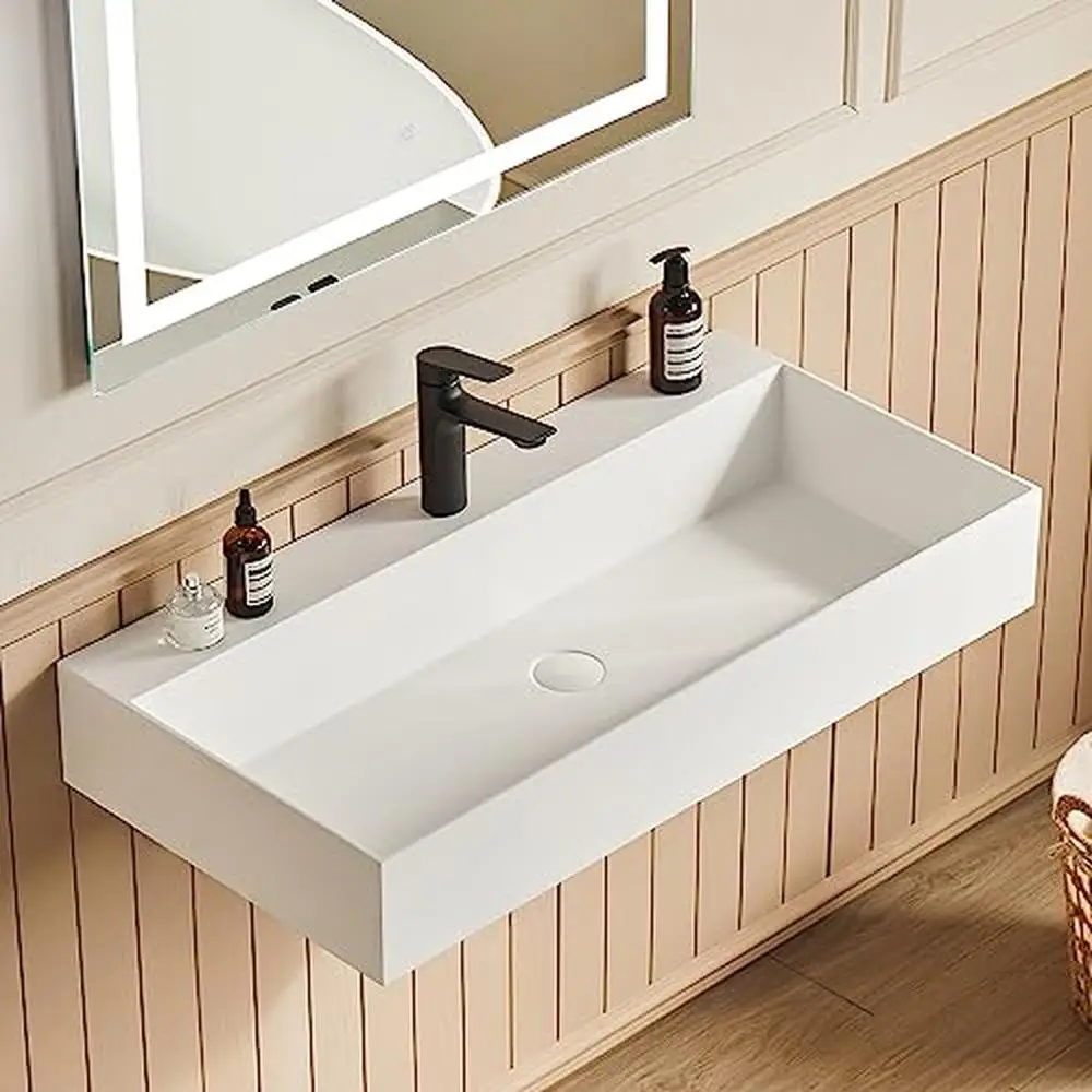 Rectangle Vessel Sink Matte White Stone Resin 30