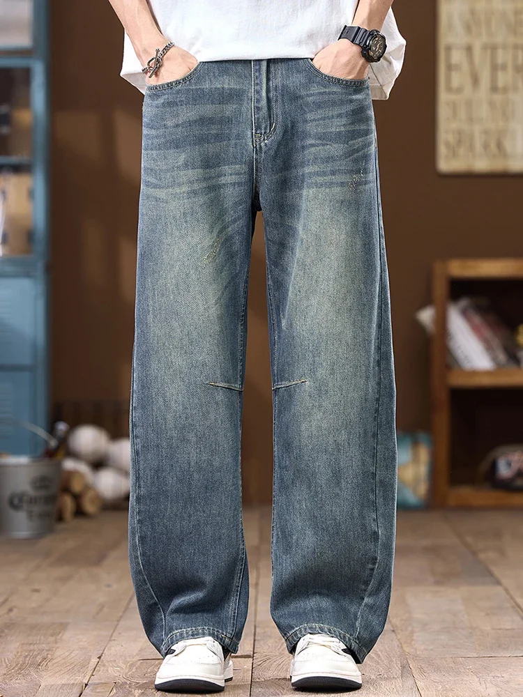 팝 여름 얇은 남성 빈티지 청바지 맞춤형 한국 패션 streetwear 캐주얼 스트레이트 루즈 와이드 데님 바지 남성