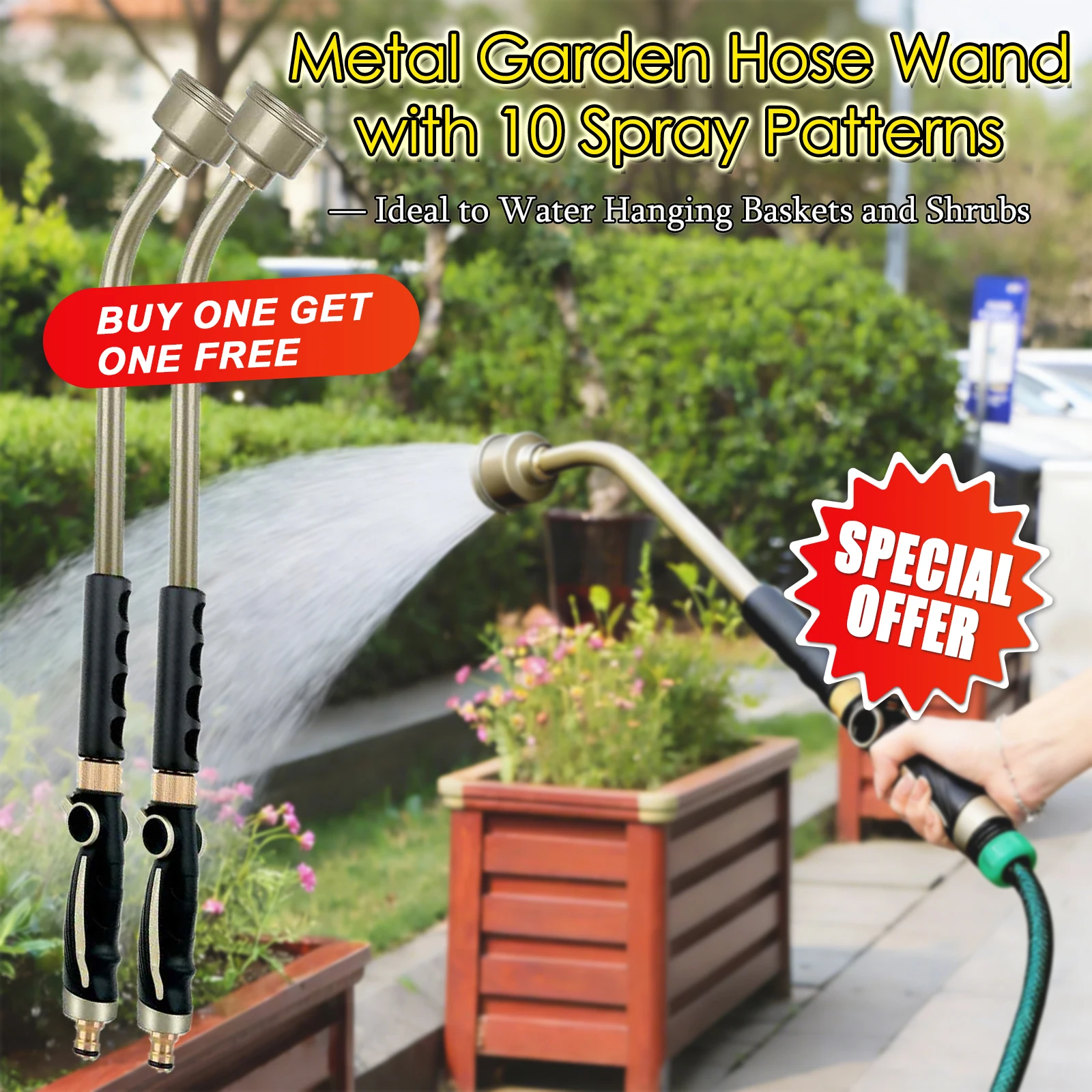 

24 Inches Full Shower Sprayer Wand with Thumb Flow Control Heavy Duty Metal Hose Wand for Hanging Baskets Shrubs Plants Flowers