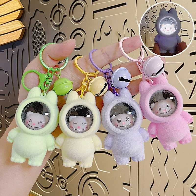 Labubu The Monsters Keychain Heart-Moving Macaron Anime Figure Can Shine and Sound Cute Model Doll Backpack Pendant Gifts