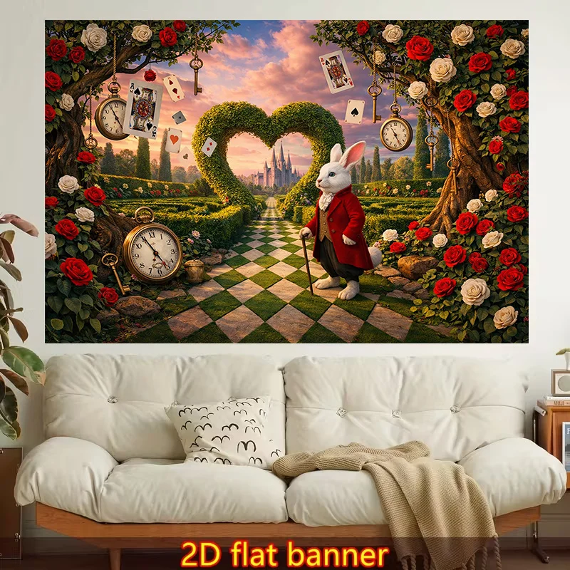 White Rabbit Wonderland Tapestry, Vintage Clock Rose Garden Wall Hanging, Fantasy Art Decor for Bedroom Living Room Dorm