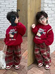 Winter Warm Kids Cotton Boys Girls 2pcs Sets Hooded Plus Velvet Christmas Thick Coat Jacket Stripe Pants Pullovers Sports Suit
