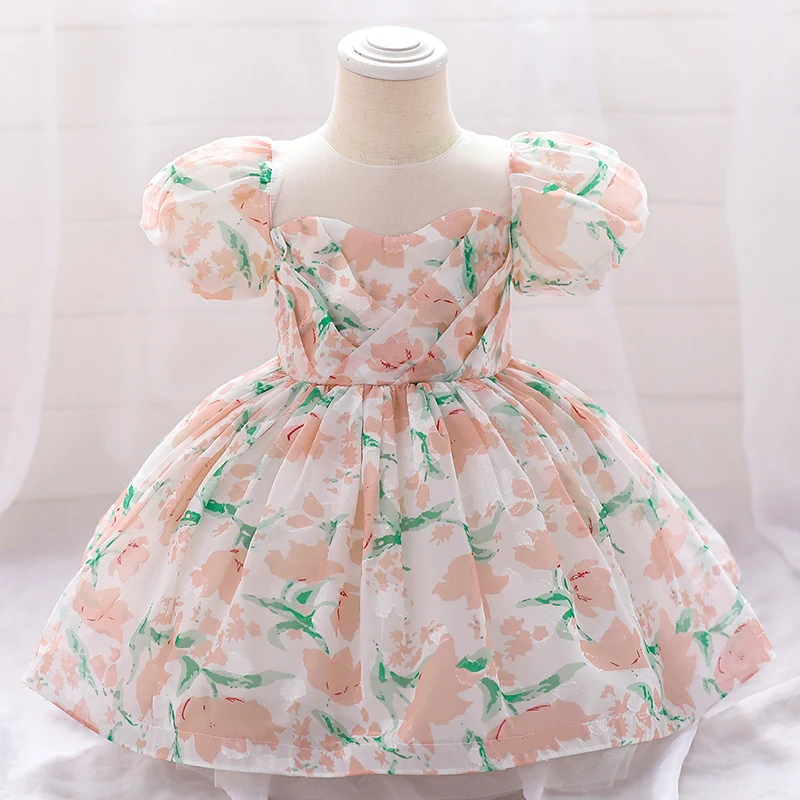 

Toddler Oil Painting1 Year Birthday Dress For Baby Girl Clothes Baptism Print Princess Dress Lace Girls Dresses Party Gown 0-2Y