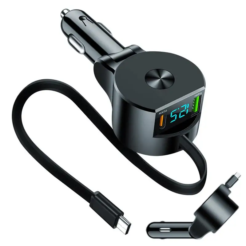 

Retractable Cable Car Charger USB Fast Charging Mobile Phone Charger For Auto LED Intelligent Digital Display Small Car Adapter
