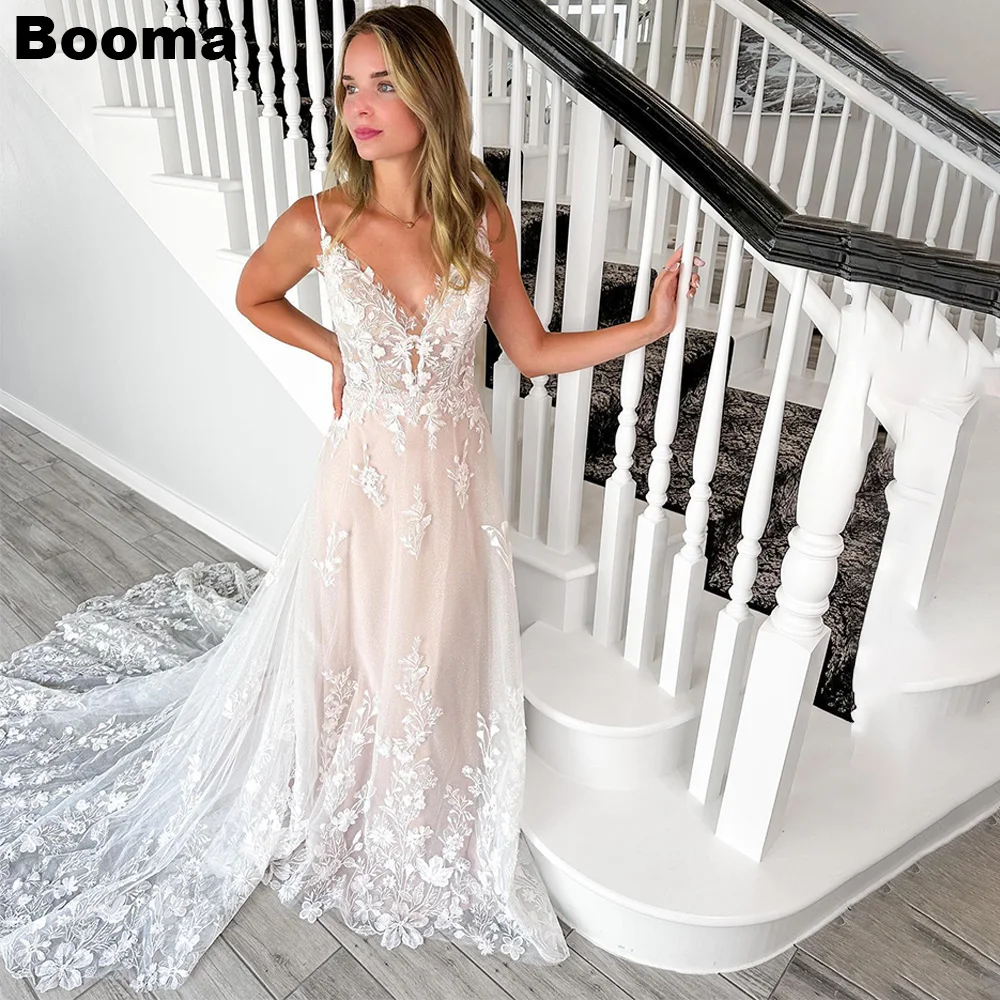 

Booma Champagne Boho A Line Wedding Party Dresses Spaghetti Strap Appliques Brides Gowns Sweep Train Bridal Dresses for Women