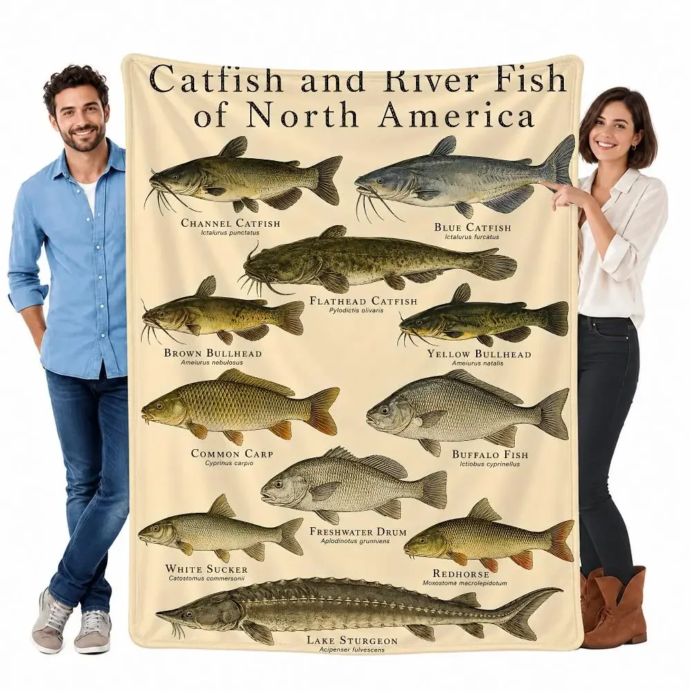 Vintage Print Freshwater Fish Throw Custom Printed Flannel Fleece Blanket for Sofa Bed Office Travel & Camping