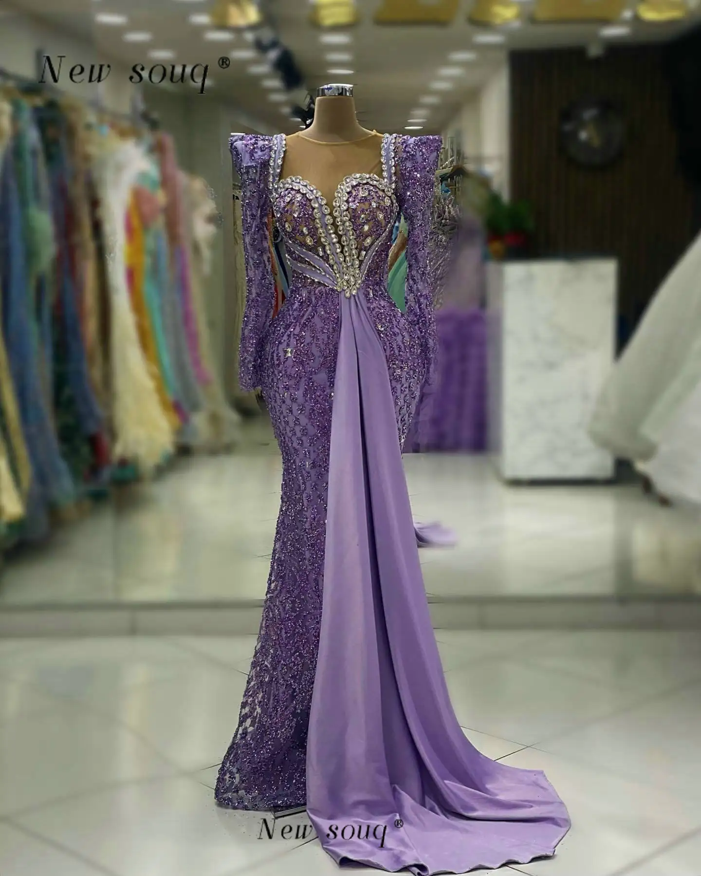 

Arabic Purple Glitter Beaded Sequins Long Sleeve Evening Dresses with Front Trail 2024 Formal Occasions Wedding Dinner Gowns