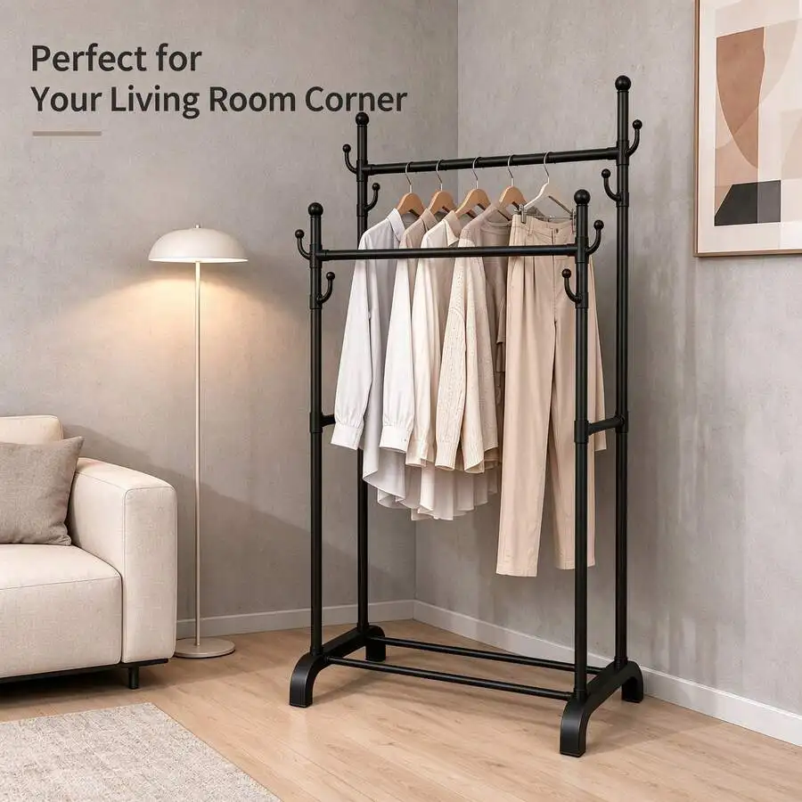 Freestanding Carbon Steel Double Rod Garment Rack, Heavy Duty Clothes Rack With Bottom Storage Shelf & Multi Side Hooks, Open Wa
