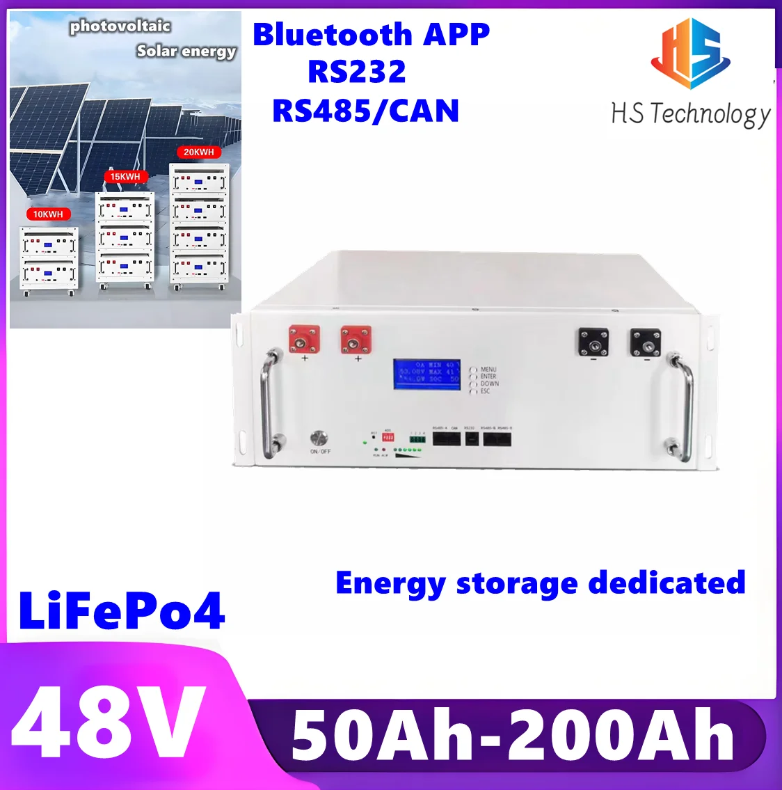 HS 6000+Cycles 48V 50Ah 100Ah 150Ah 200Ah Lifepo4 Battery for 3KW 5KW 7KW Energy Storage PV Household Base Station Solar energy