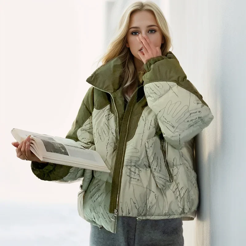 

Новая женская стеганая куртка, зимняя женская контрастная короткая хлопковая куртка с капюшоном и воротником-стойкой в стиле граффити, женская зимняя теплая одежда