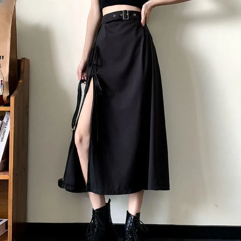 Side Slit Skirts Women Black Solid Simple Lace-up Design Asymmetrical Niche Korean Style High Waist Young Girls Summer Clothing